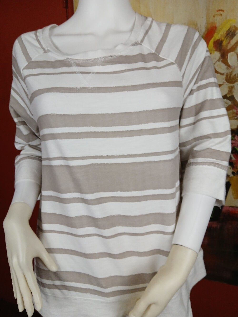 Women's Taupe and White Striped Boatneck Sweatshirt
